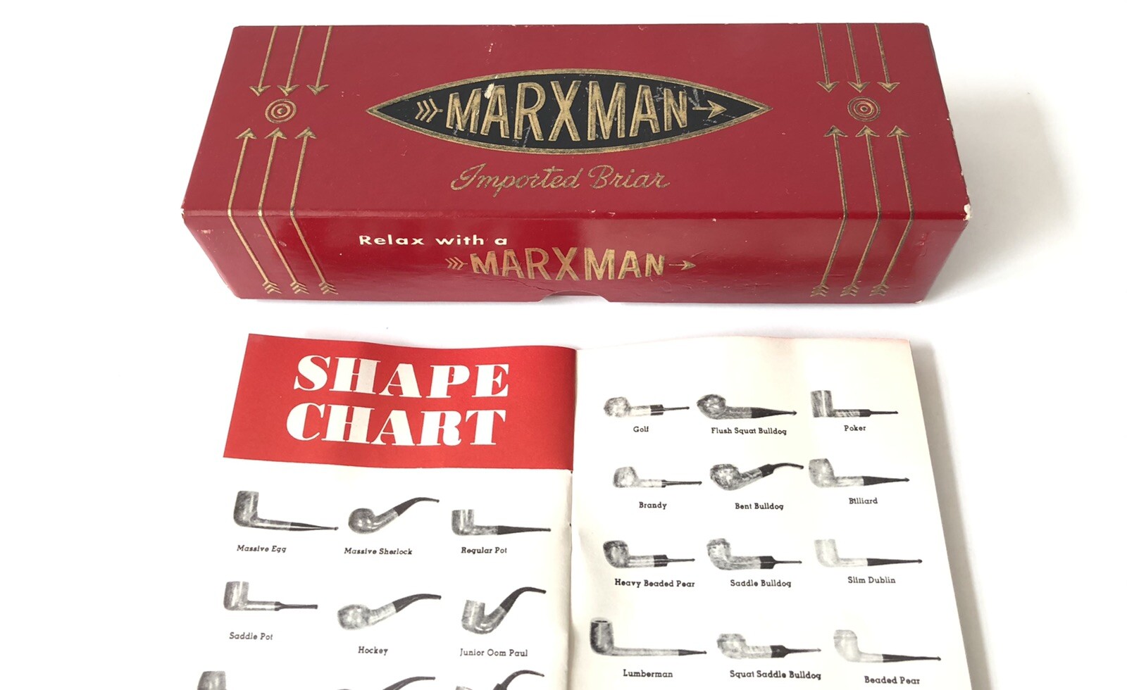 vintage MARXMAN Imported Briar Tobacco Pipe Box + 15 page Brochure (no