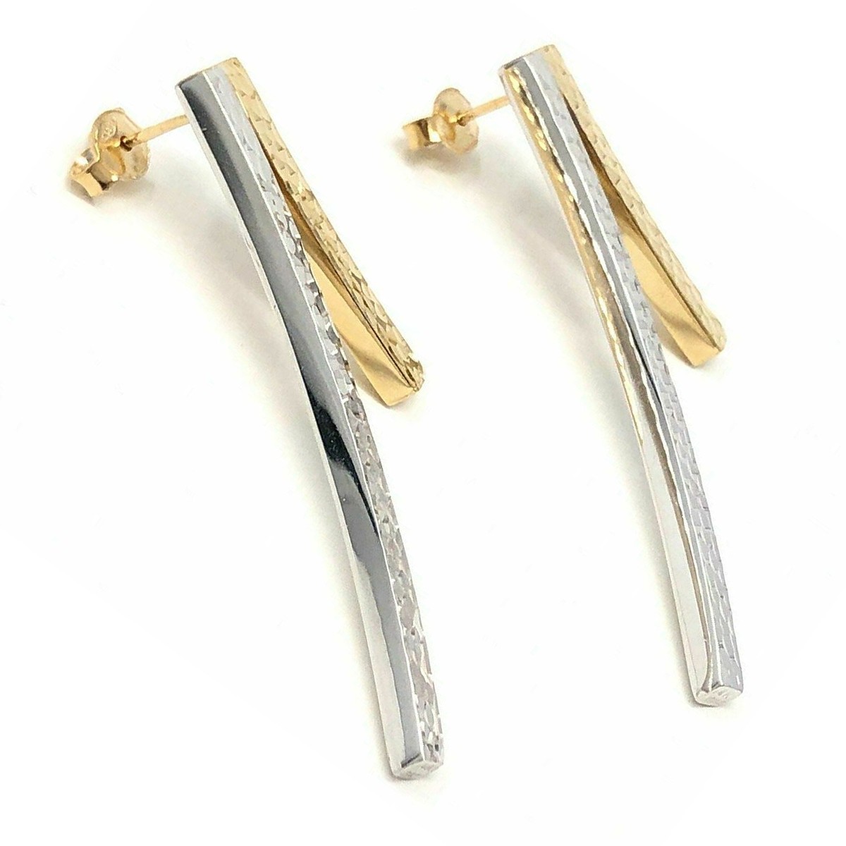 14k Two Tone Gold Diamond Cut Curved Bar Earrings 1.9