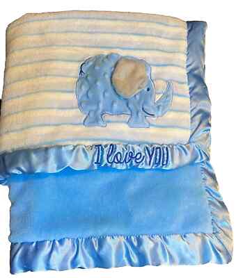 6S !WOW! AD SUTTON & SONS Blue ELEPHANT I Love You Plush Satin Crib Baby Blanket