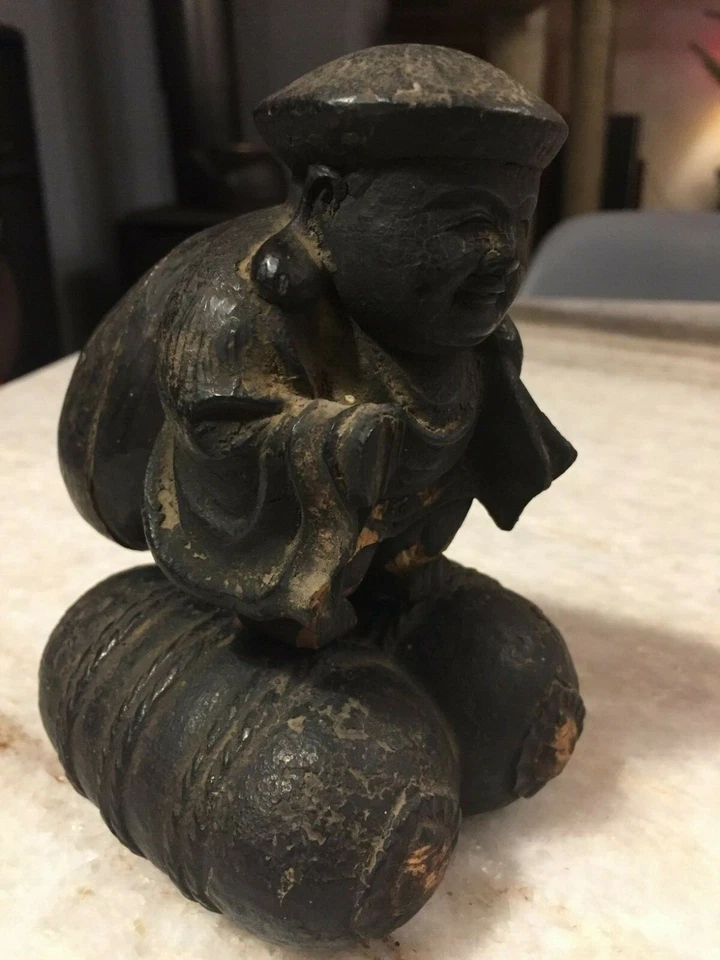 Estátua/escultura japonesa de madeira muito antiga de Daikokuten 大黒天 com estojo de cúpula de vidro - Imagem 4 de 4