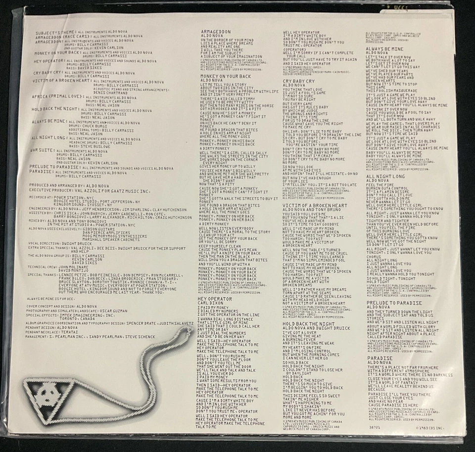 Subject.....Aldo Nova (Vinyl, Album, 1983) Promo Copy - Image 3 of 4