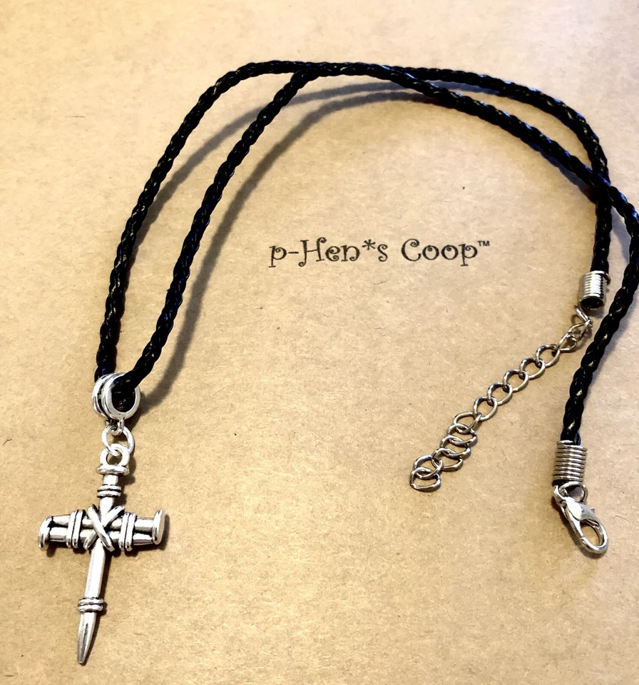 Collar Cruz Uñas Tibetana Negro Cuero Trenzado 18" Unisex Artesano EE. UU. 1758 Foto 3 de 3