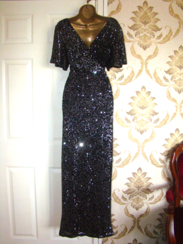 QUIZ SEQUIN SIZE 16 BLACK SILVER EVENING PARTY PROM CRUISE MAXI DRESS GOWN - Picture 9 of 9