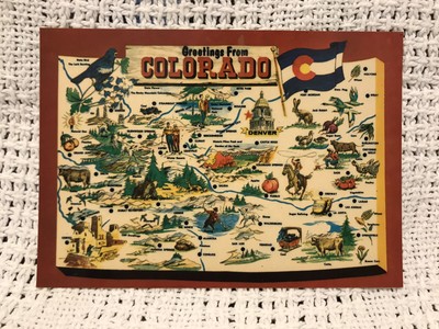 Colorado Map Postcard Greetings Landmarks Centennial State Cartoon Vintage