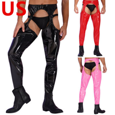US Mens Pants PVC Leather Skinny Suspender Tight Chaps Latex Bottomless Clubwear