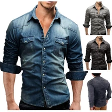 Mens Long Sleeve Jeans Shirts Denim Washed Cotton Slim Pockets Multicolor Shirts