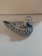 Floral Blue/White Ceramic Duck with Lid Trinket Dish