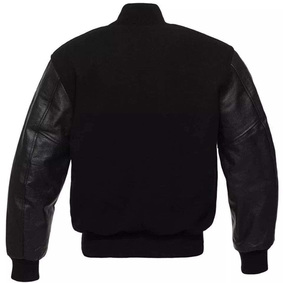 Premium Quality Men's Varsity Letterman Jacket Black Wool Body & Leather Sleeves - Image 2 of 3