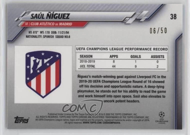 2019-20 Topps Chrome UCL Sapphire Edition Orange Refractor /50 Saul Niguez #38 - Image 2 of 2