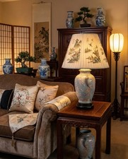 Vintage Mid  Century Porcelain Ginger Jar Lamp, Floral Design, Brass Trims, Works