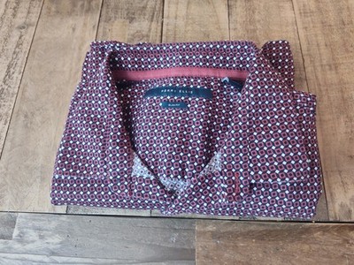 Perry Ellis Dress Shirt Men's Large Maroon Diamond Geometric Button Up