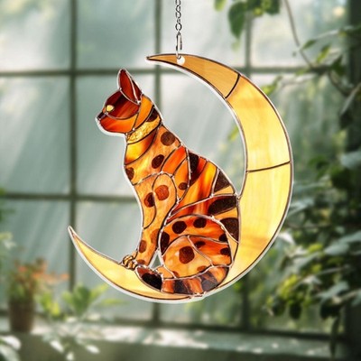 Bengal Cat Acrylic Suncatcher Crescent Moon Spotted Cat Window Hanging Decor