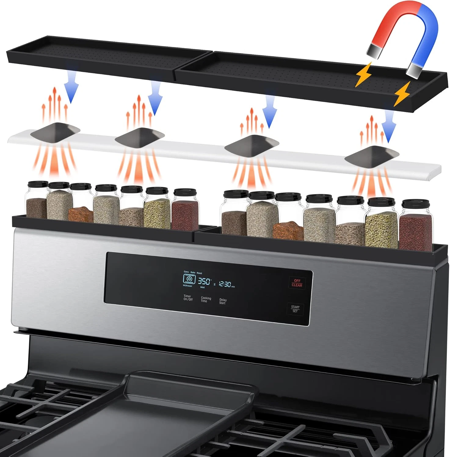 Silicone Magnetic Stove Top Shelf 30 Inch Kitchen Over Oven Spice Rack Organizer