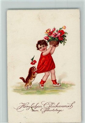 10536451 - Child with a flower basket, cat bites into the dress postcard birthday