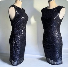 XSCAPE By Joanna Chen Mini Dress Sz 6 All Over Sequin Cut Out Back Black Navy