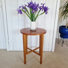 Vintage Small Teak Round Coffee Side Table Folding Bedside End Table Plant Stand