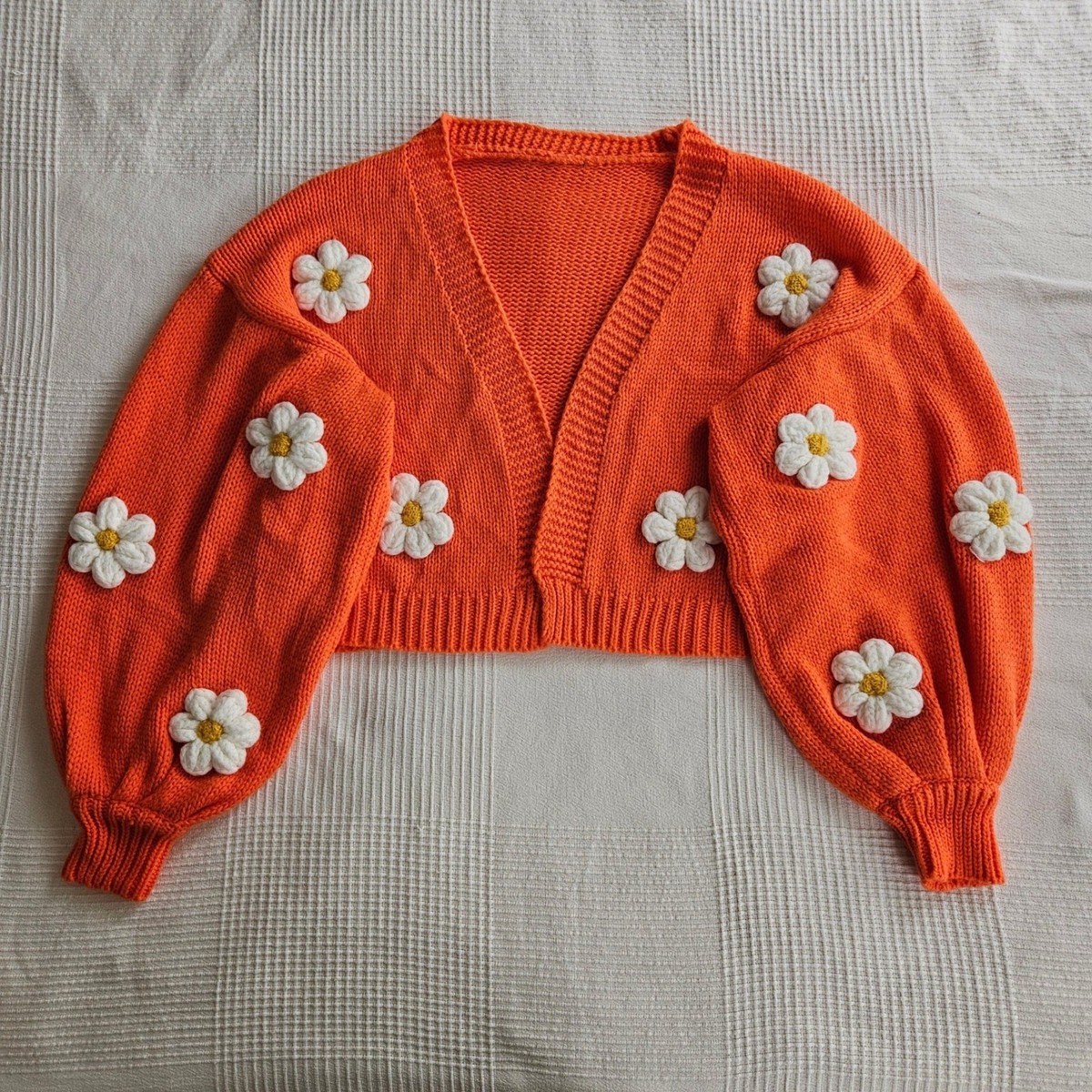 Orange Chunky Cropped Cardigan Whimsical Crochet Flowers Balloon