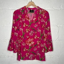 Catherine Prevost Women's Pink Floral Silk Ruffle Bell Sleeve Blouse Size Small