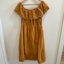 Mustard Yellow Eyelet Off The Shoulder High Low Midi Dress Women XL Cotton