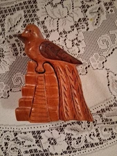 Wood Puzzle Box Bird On Perch  Secret Hidden Compartments-5 Pieces