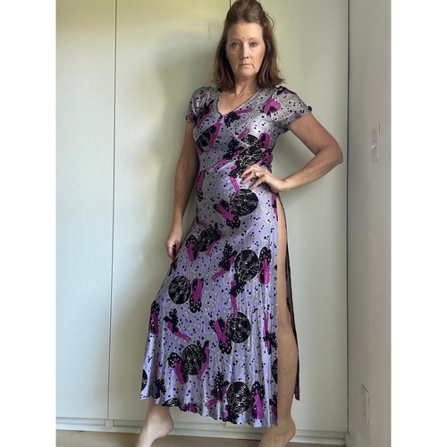 Vintage 70s Maxi Dress Sea Siren Print Purple Black Sexy Fit Side Slits Maxi S/6 - Picture 7 of 10