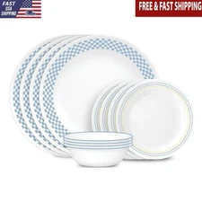Amelia 12-Pc Dinnerware Set Blue Grid Vitrelle® Technology Eco-Friendly Safe New