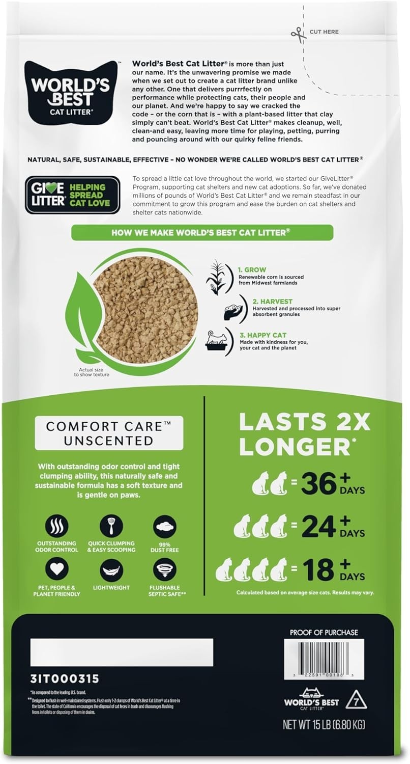 World’s Best Cat Litter Comfort Care Unscented 6.8kg Flushable Clumping