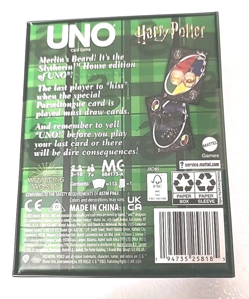 Harry Potter Mattel Limited UNO Fandom Deck Slytherin House Edition 2023 NEW - Image 2 of 2