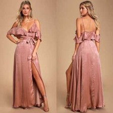Lulus Moriah Satin Cold Shoulder Women M Elegant Pink Ruffle Tie Wrap Maxi Dress