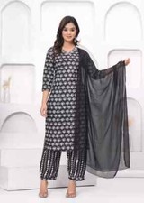 Premium New Women's Traditional Wear Black Cotton Kurta,Patiala Pant And Dupatta
