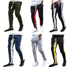Mens Slim Fit Zipper Casual Jogger Track Pants Sweatpants Gym Activewear Striped