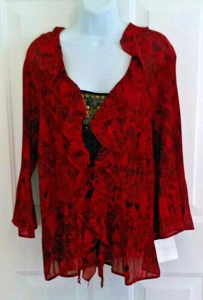 Blusa Camisa Covington Top 16/18 Nueva Artística Roja y Negra Acordeón Plisada 2-Fer Foto 4 de 4