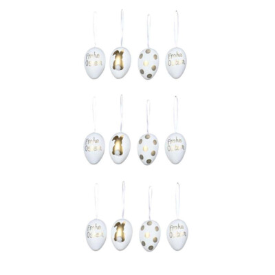12tlg. Anhänger GOLDIE gold weiß Ostereier mit Hasen Punkten und FROHE OSTERN