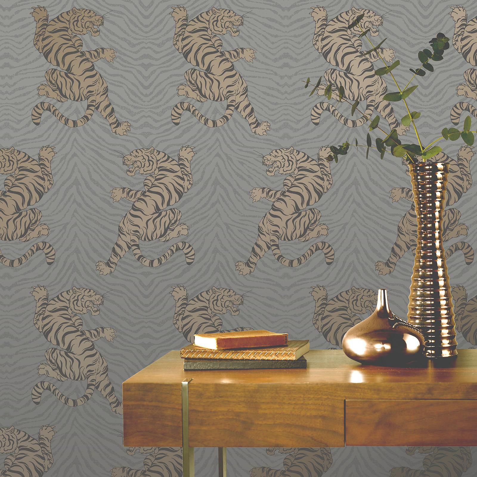 Metallic Tiger Print Wallpaper Animal Skin Stripes Oriental Rasch