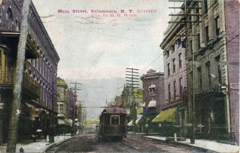 MAIN STREET , SALAMANCA , NEW YORK 1909 ,TROLLEY ON TRACKS