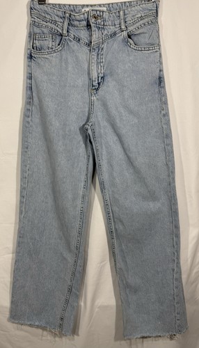 MNG Mango Women’s Jeans Size 2 High Rise Wide Leg Light Wash Raw Hem Raw Hem