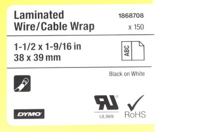 QTY. 150 DYMO 1868708 XTL LAMINATED WIRE/CABLE WRAP, 1-1/2'' X 1-9/16'' 38 X 39MM