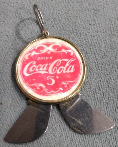 Coca Cola Round Pendant Knife Cigar Cutter Vintage 2 Blades Mother of Pearl