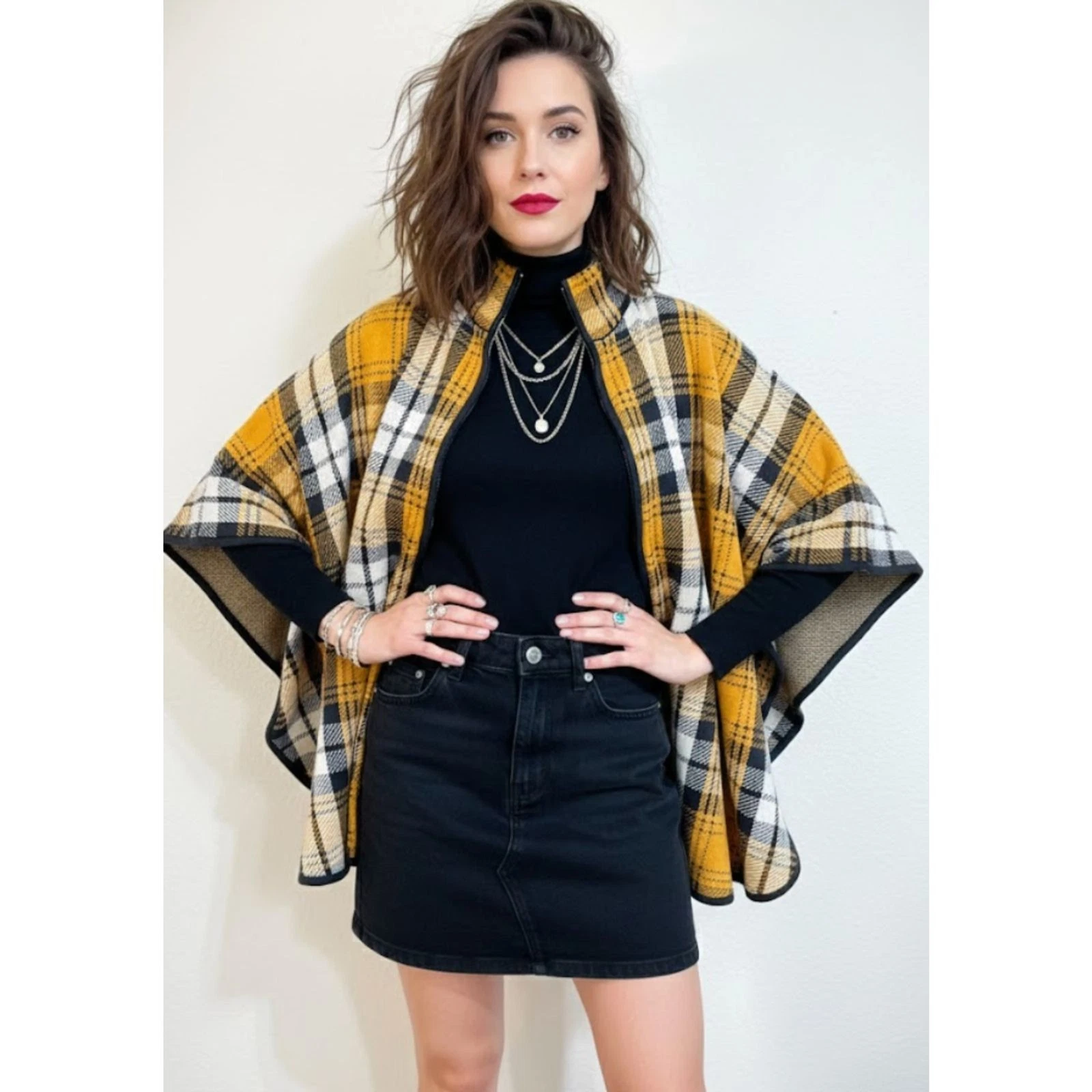 🍂 Jones New York | Yellow Plaid Zip-Front Poncho | Size L/XL 🍂