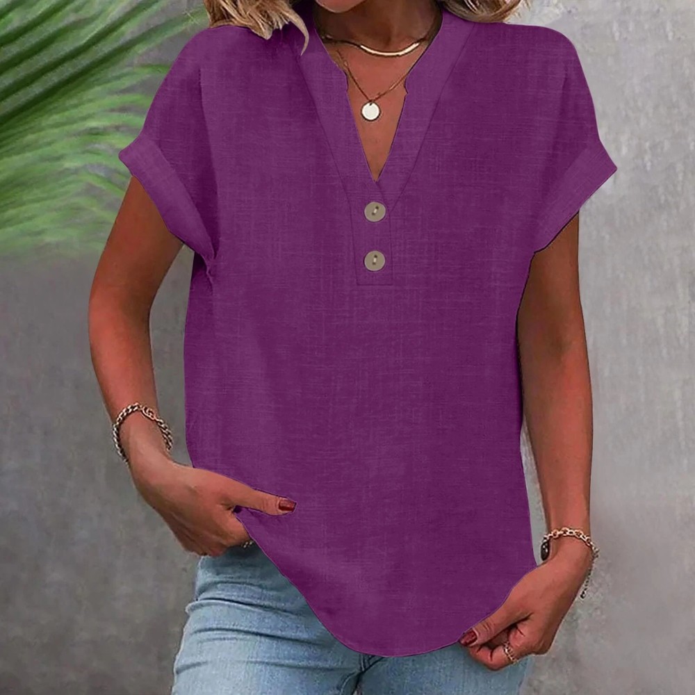Women Linen Blouse V Neck Short Sleeve Loose Fit Casual Summer Top | eBay