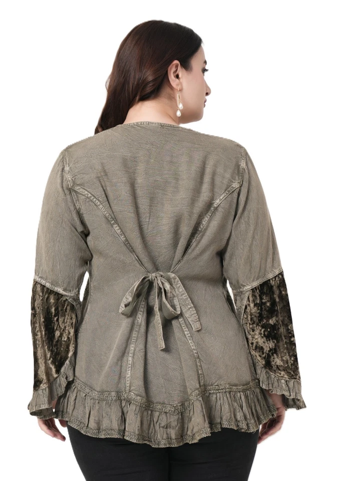 Velvet Blouse Women Embroidered Bell Sleeve Tie‑Back Ruffle Hem M‑L / L‑XL/XXL - Image 4 of 4