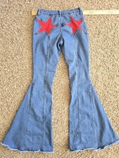 Saints & Hearts Flared Denim Jeans Blue Red Star Patch Button Zip Stretch Women