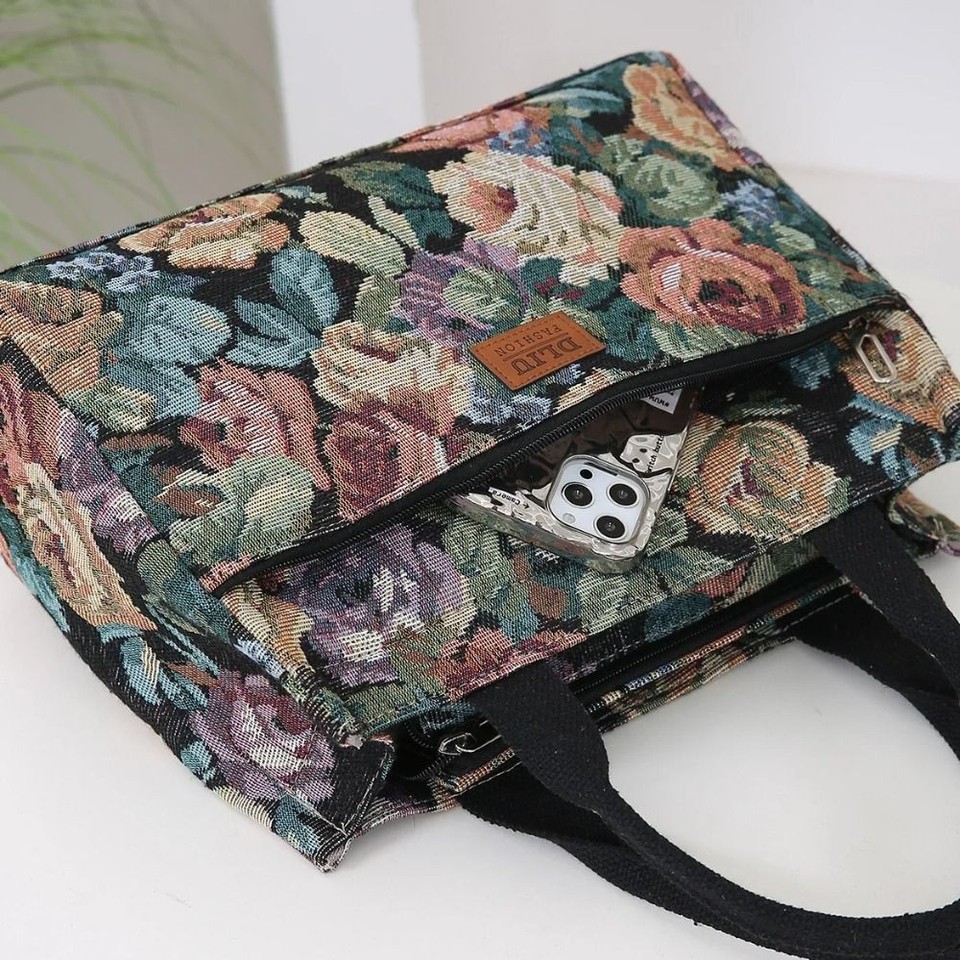 Thickened Lunch Bag Floral Print Jacquard Handbag Casual Women's Tote ...