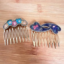 Cloisonne Hair Comb Set Floral Paisley Butterfly Gold Tone 2pc Multi Color Vtg