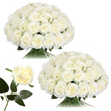 50pcs Artificial Silk Roses Bulk,Fake Roses Flower with Stems White-50