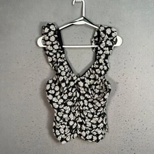 Gap Womens Floral Black White Sleeveless Ruched Blouse Top Medium Viscose Blend