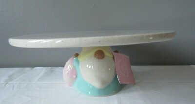 Carrot Patch Cottage Easter Gnome Ceramic Cake Stand Plate NWT