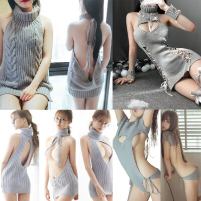 Women's Backless Sweater High Neck Knitted Dress Sexy Lingerie Cosplay  4Styles