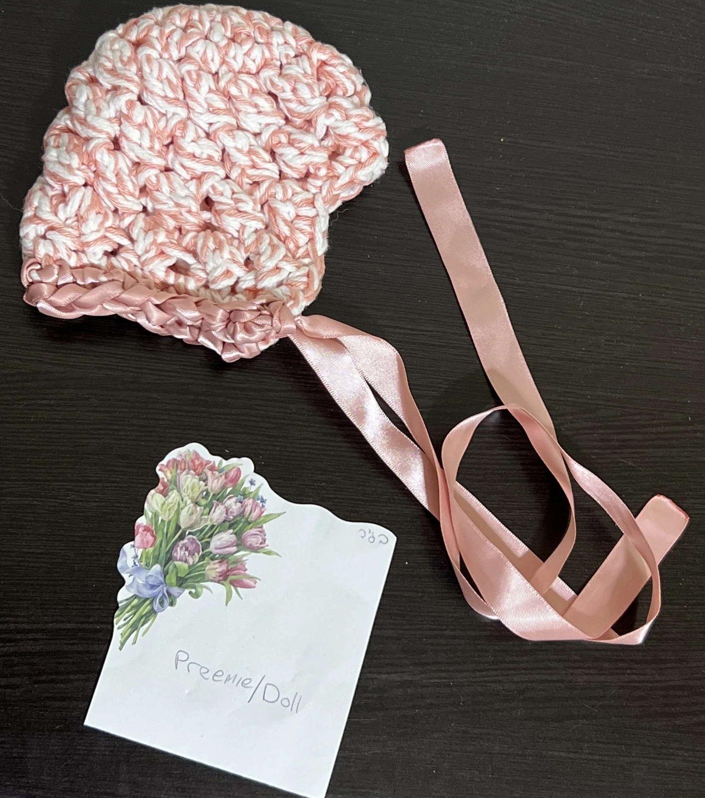 Newborn Preemie/ Doll Girls Hat Crochet Acrylic Handmade White/Pink Bonnet Sash