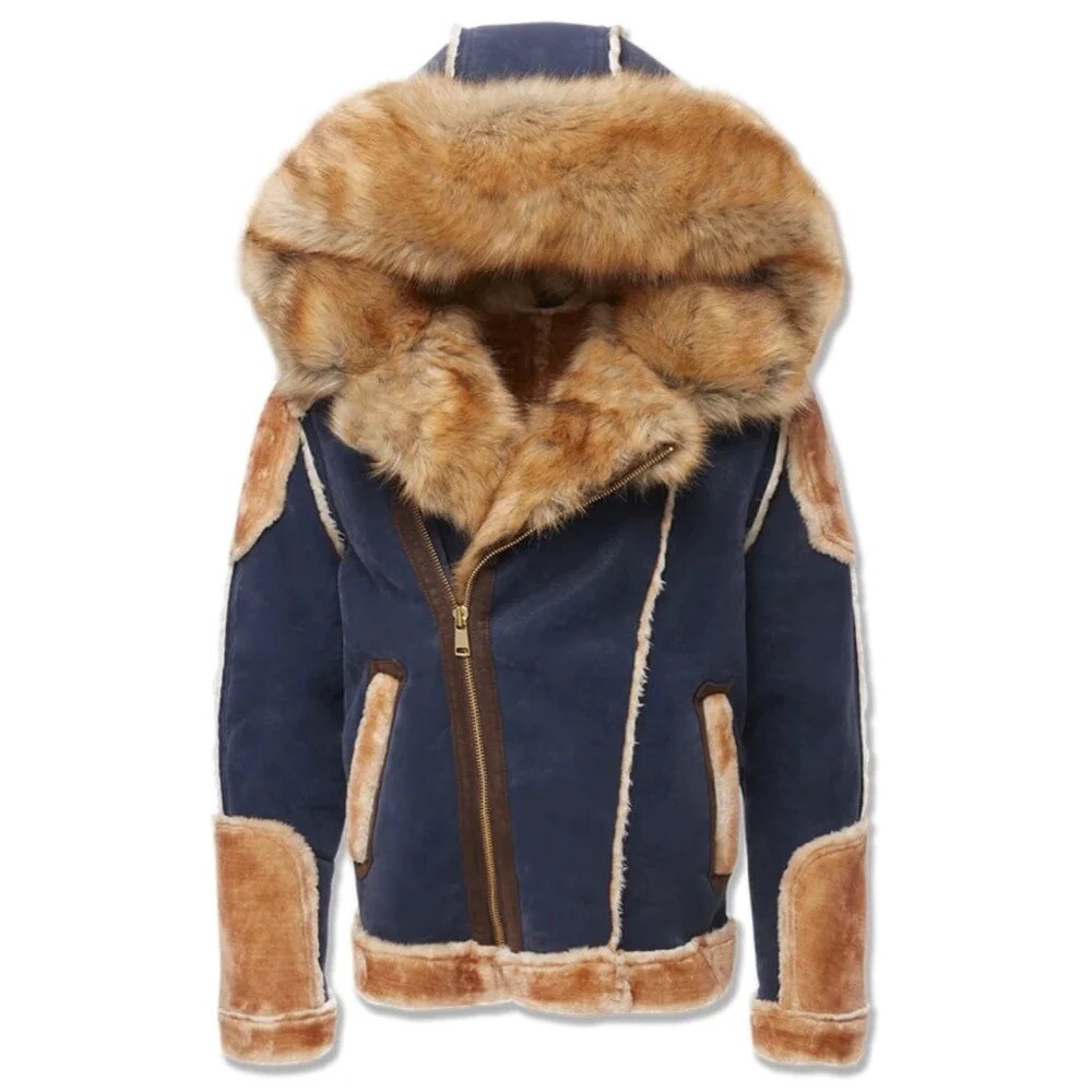 JORDAN CRAIG EL JEFE SHEARLING MOTO JACKET COAT MENS FUR NAVY BLUE